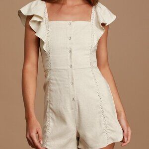 Lulus x LUSH Called It Beige Sleeveless Ruffled Button-up Romper - Size S
